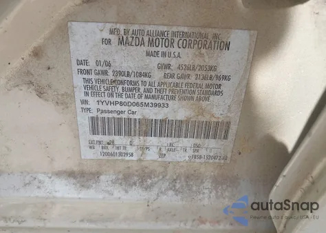 2006 Mazda Mazda6 S from USA, damaged, VIN 1YVHP80D065M39933